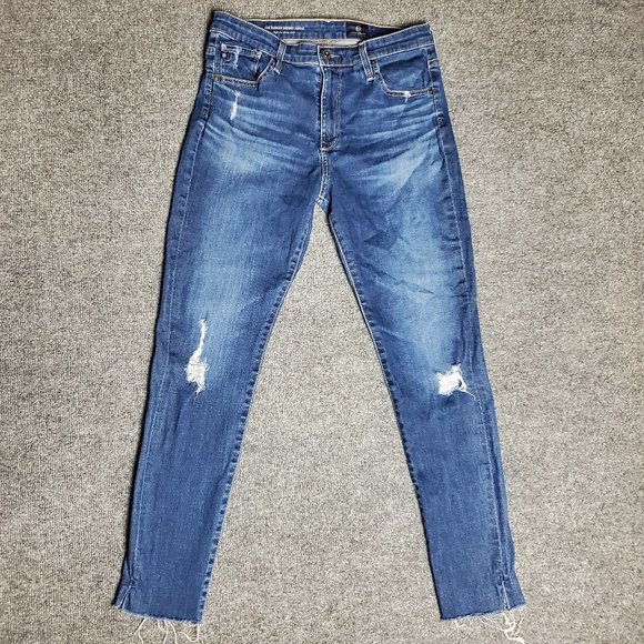 Ag Adriano Goldschmied Denim - AG The Farrah Skinny Ankle 29R (Meas 28x28 10" Mid Rise) Raw Hem Dark Jeans A8